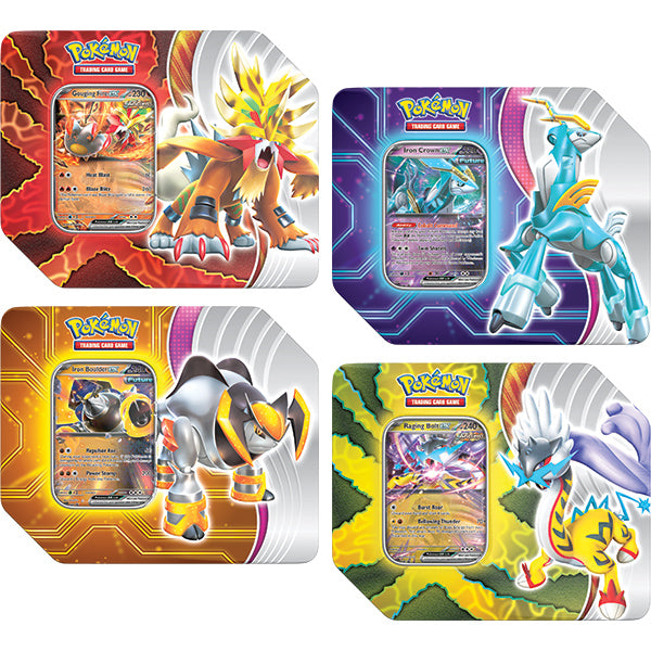 Pokemon TCG: Paradox Destinies Tin (Gouging Fire ex, Raging Bolt ex, Iron Boulder ex, or Iron Crown ex)